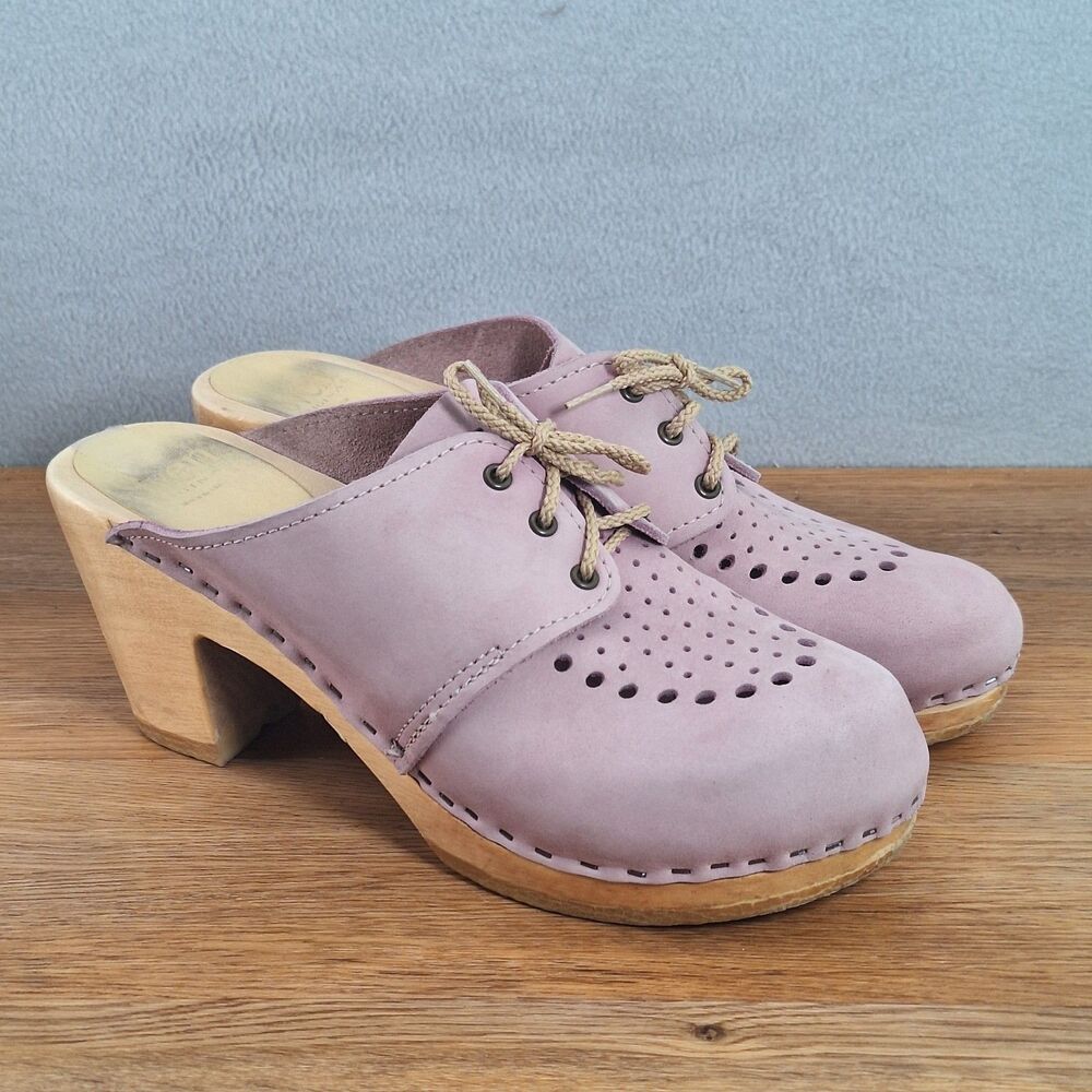 Sven Women's US 9.5-10 EU 40 Lace-Up Clogs Tan Pink Circle Punch Leather Sweden